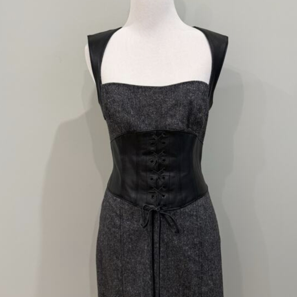 Bebe Vintage Y2K Real Leather Corset Wool Midi Pencil Dress Gray Tweed Size 8 - Picture 4 of 11